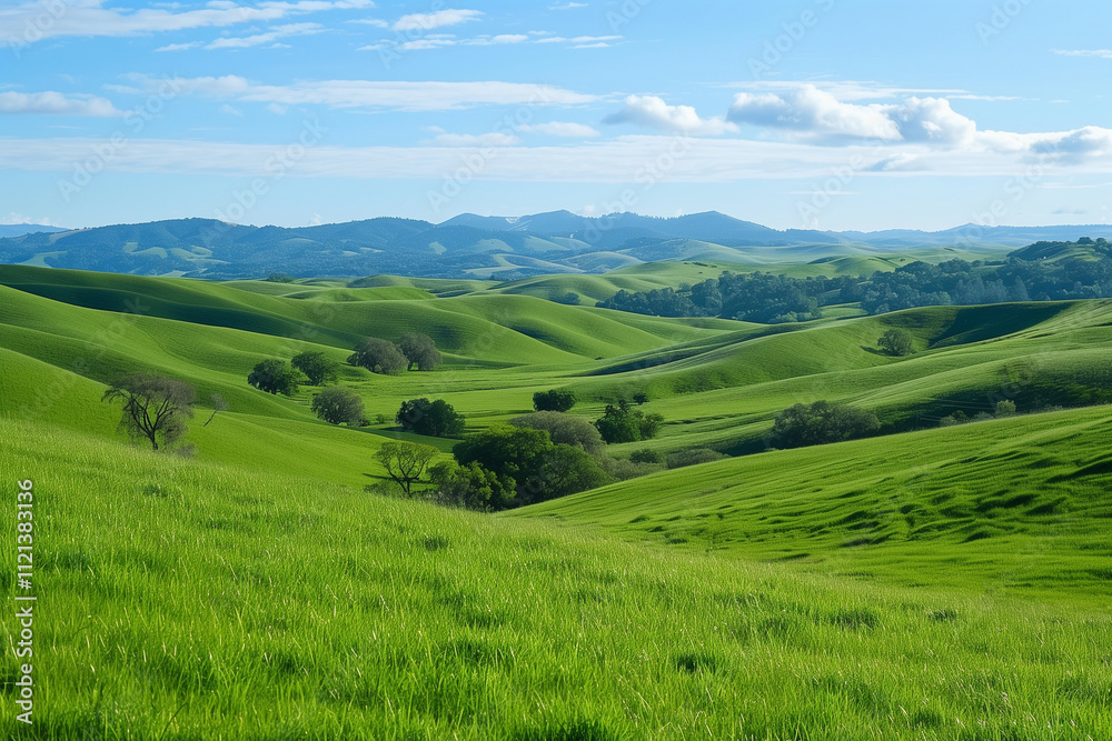 Fototapeta premium landscape of green fields with beautiful clouds floating over blue sky illustrating elements of natural beauty