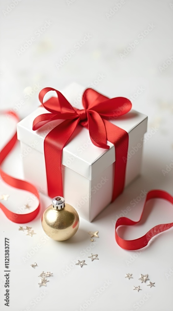 White gift box with red ribbon near shiny garland on isolated white background White gift box with red ribbon near shiny garland on isolated white background