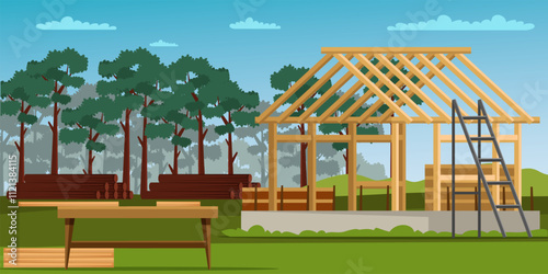 House construction flat vector illustration. House building site, home walls and roof structure. Professional builders working site.