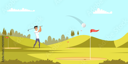 Golf player. Golfer making hit. Golf club landscape. Man playing golf. Cartoon vector illustration.