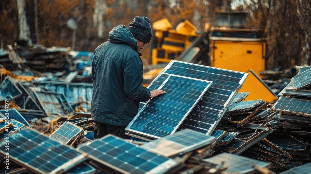 Piles of damaged solar panels being sorted and prepared for recycling, with a focus on environmental responsibility Piles of damaged solar panels being sorted and prepared for recycling, with a focus on environmental responsibility