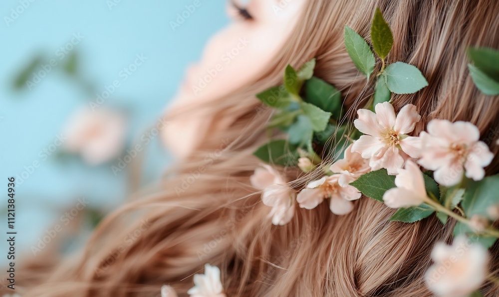 Naklejka premium A close-up of a person with long hair adorned with flowers.