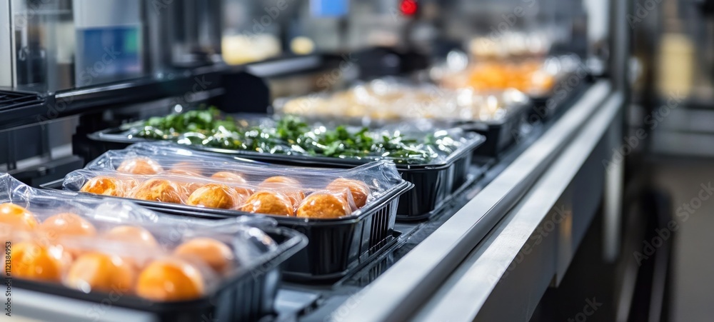 Food Packaging Line: Fresh Produce and Prepared Meals on Conveyor Belt Food Packaging Line: Fresh Produce and Prepared Meals on Conveyor Belt
