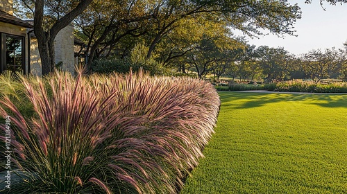 Pink muhly grass border in a manicured lawn.