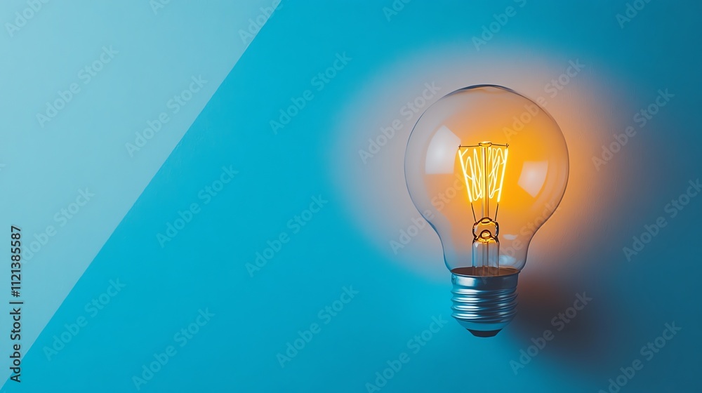 A light bulb against a blue background. The light bulb is lit, with a warm glow. A light bulb against a blue background. The light bulb is lit, with a warm glow.