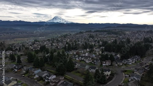 Suburban Neighborhood with Mount Rainier and Dramatic Sky