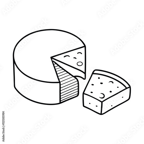 a black and white line drawing of a cheese wheel and two slices of cheese