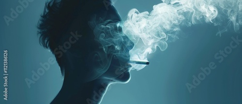 Silhouette of person smoking, smoke billowing, against dark backdrop. Moody, mysterious ambiance with hidden face adds enigma to the image.