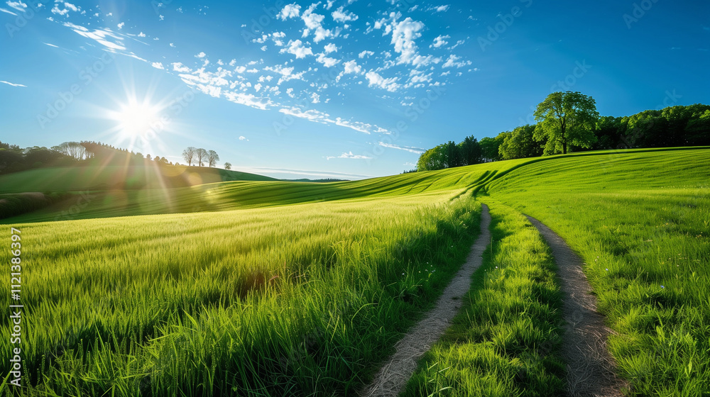 Fototapeta premium landscape of green fields with beautiful clouds floating over blue sky illustrating elements of natural beauty
