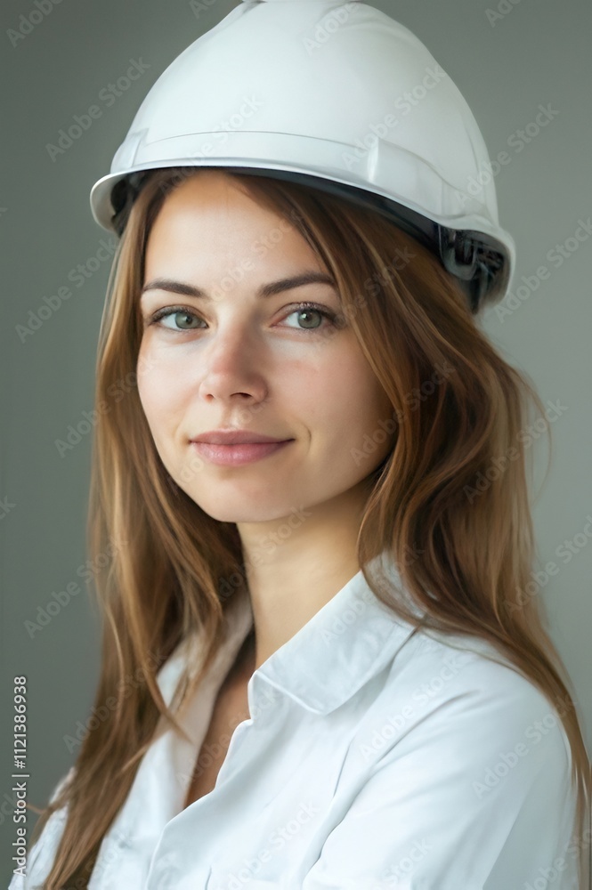 Confident female engineer in white hard hat.