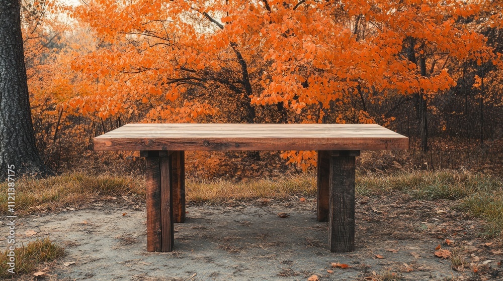 Rustic wooden table with a cozy fall vibe, surrounded by orange-hued trees in a tranquil forest Rustic wooden table with a cozy fall vibe, surrounded by orange-hued trees in a tranquil forest
