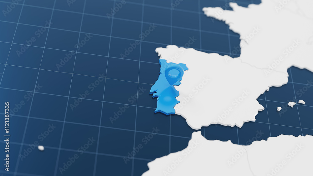 Fototapeta premium Blue Portugal 3d map with pointer pin surrounded with other countries in white. Europe political map with borders. 3d render illustration