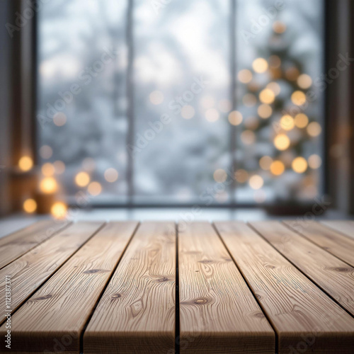 Empty Wooden Table with Blurred Winter Window View, Snowfall, and Pine Trees – Perfect Background for Winter photo