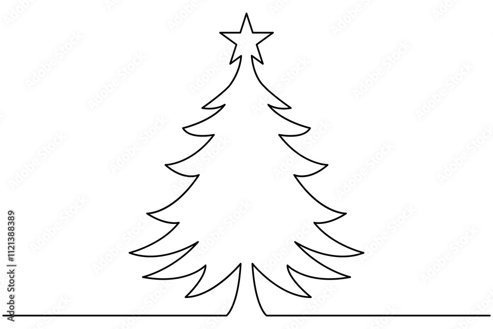 Obraz premium One line continuous drawing of a Christmas tree with star on top and Isolated on white background