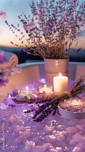 A serene image of a romantic bath scene at twilight. White tub filled with water, lit candles, pink and lavender bath salts, dried lavender flowers, cozy towels. Balcony backdrop hints photo