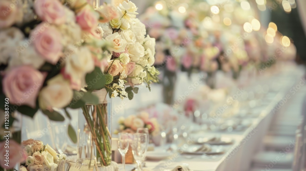 Elegant blush and white roses create a romantic setting along a beautifully arranged wedding banquet table, soft light enhancing the dreamy ambiance. Elegant blush and white roses create a romantic setting along a beautifully arranged wedding banquet table, soft light enhancing the dreamy ambiance.