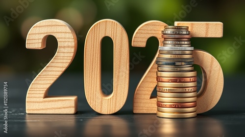 The number year 2025 in wooden cubes with stack of growth coins. financial annual plan for save money, Budget, tax, investment, financial, savings, and New Year Resolution retirement concept