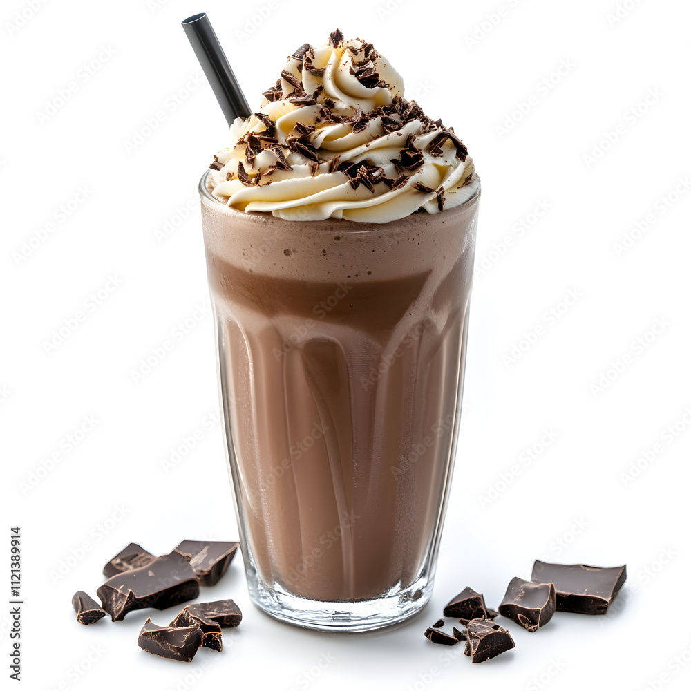 Whipped chocolate mousse with cream in a beautiful glass goblet with chocolate pieces on a white isolated background. Color of the year 2025 mocha mousse. Whipped chocolate mousse with cream in a beautiful glass goblet with chocolate pieces on a white isolated background. Color of the year 2025 mocha mousse.