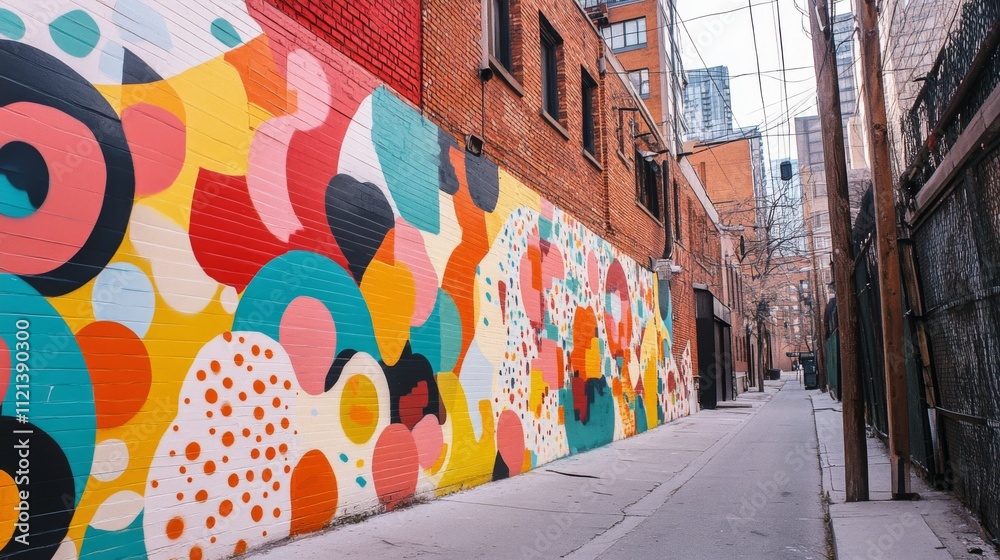 Fototapeta premium A lively alleyway mural bursts with vibrant colors and abstract shapes, celebrating urban art and creativity against an industrial backdrop.