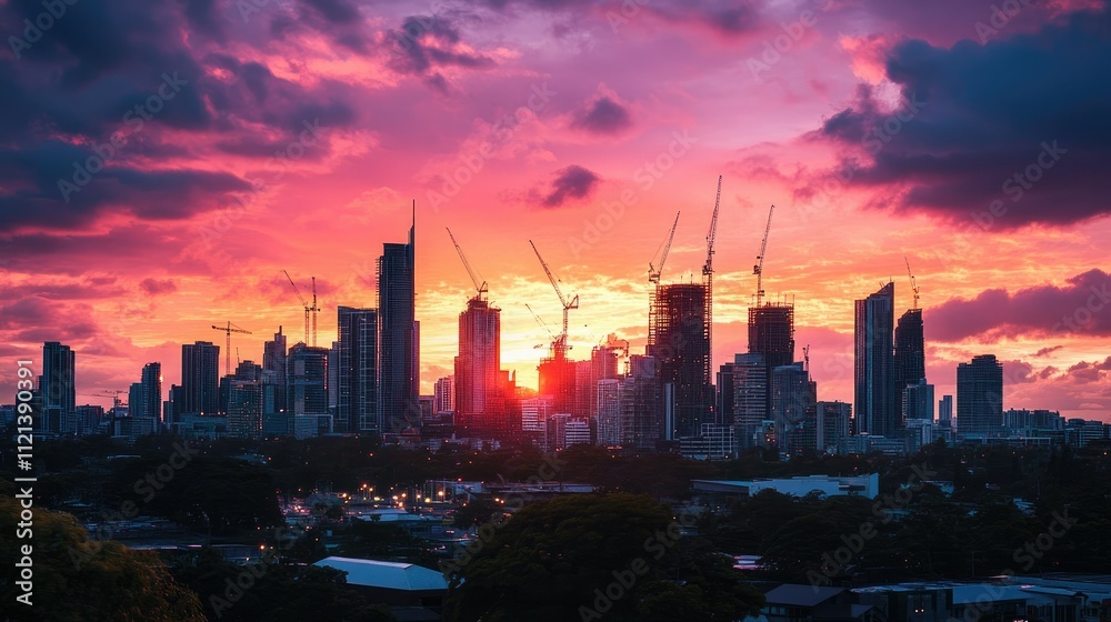 Fototapeta premium Sunset sky framing cranes and a developing city skyline, capturing the hustle of urban growth
