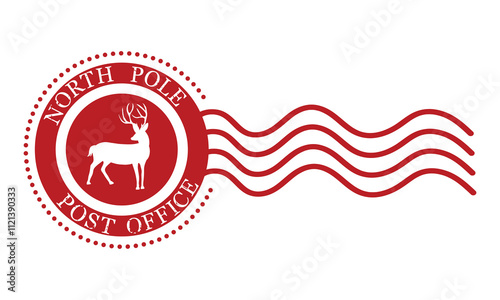 Vector illustration of North Pole mail delivery service stamp with reindeer isolated on white background. Postage mark.Christmas decorative element for handmade gifts with text.