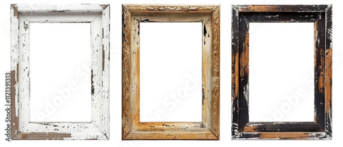 Three antique wooden picture frames with distressed paint, isolated on white background.