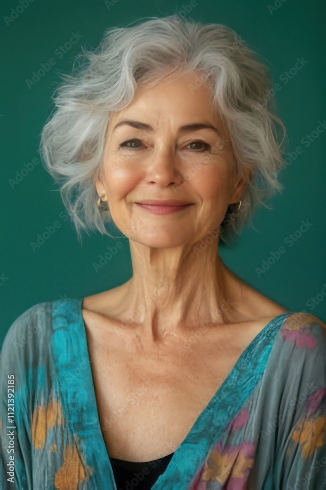 Portrait of a smiling senior woman with short, wavy gray hair against a teal background. Portrait of a smiling senior woman with short, wavy gray hair against a teal background.