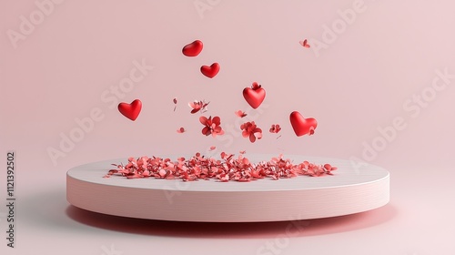 Valentine's Day Celebration Pink Podium Heart Decorations Romantic Setting Close-Up View Love Concept with Falling Hearts photo