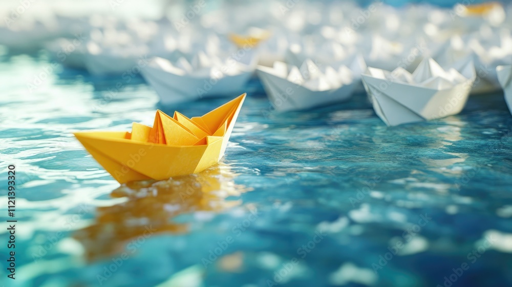 Obraz premium Yellow paper boat veering away from a fleet of white boats on a reflective surface, a bold move towards opportunity
