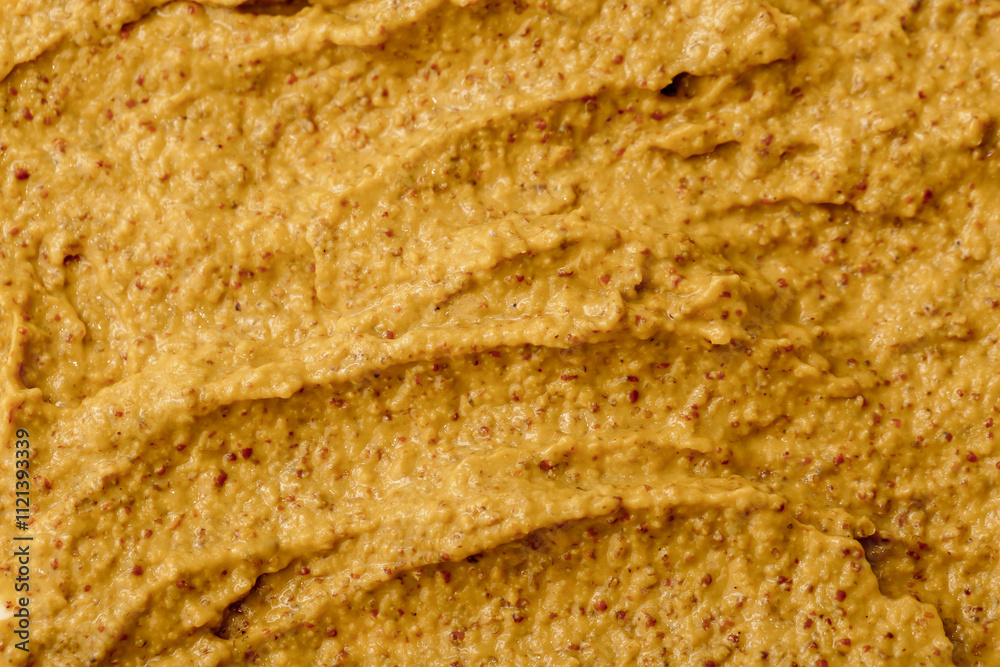 Mustard sauce with grains close-up. Hot spices as a background. Texture of Dijon mustard. Mustard sauce with grains close-up. Hot spices as a background. Texture of Dijon mustard.