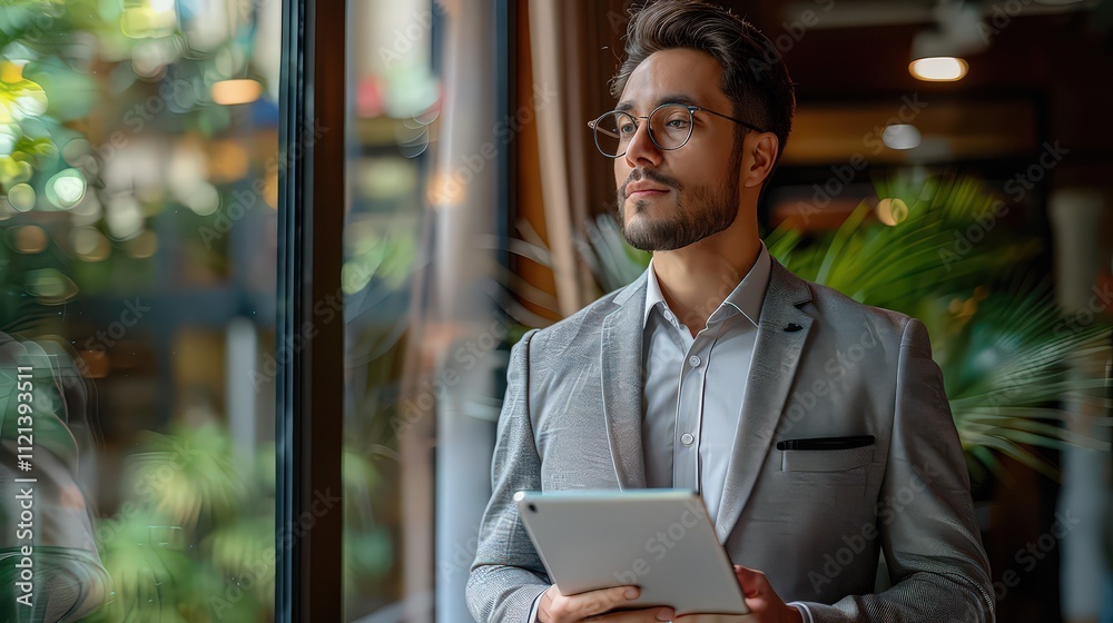 A professional man standing at a window, holding a tablet and gazing thoughtfully outside A professional man standing at a window, holding a tablet and gazing thoughtfully outside