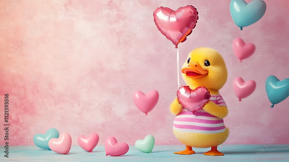 Fototapeta premium yellow duck dressed in a striped shirt holds a heart-shaped balloon, surrounded by additional heart-shaped balloons. with pastel background High-quality