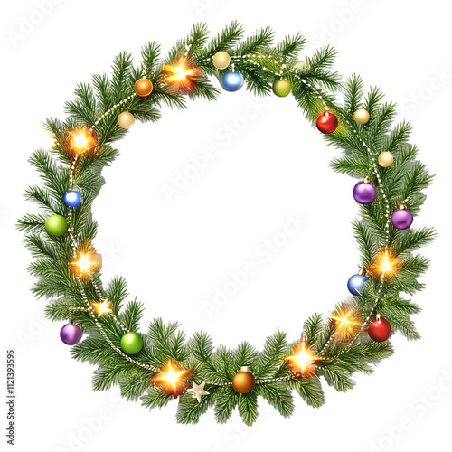 Decorative holiday wreath adorned with ornaments and lights for Christmas celebration