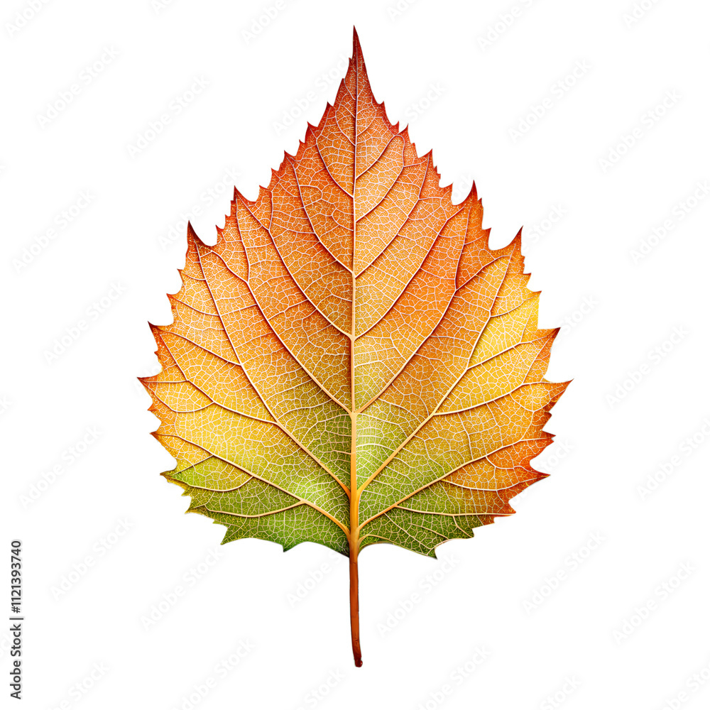 Fototapeta premium PNG transparent Colorful autumn leaf showcasing vibrant hues of orange and yellow against a white background