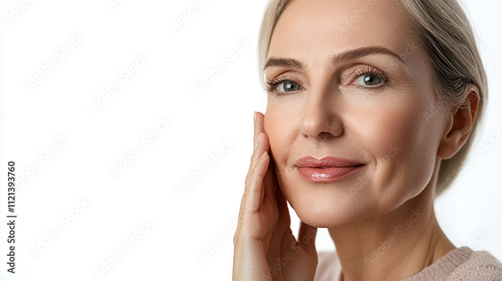 Portrait of a woman showcasing natural beauty and healthy skin glow in a neutral background Portrait of a woman showcasing natural beauty and healthy skin glow in a neutral background