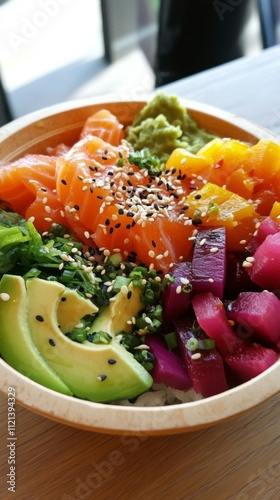 Vibrant Salmon Poke Bowl with Avocado and Vegetables photo