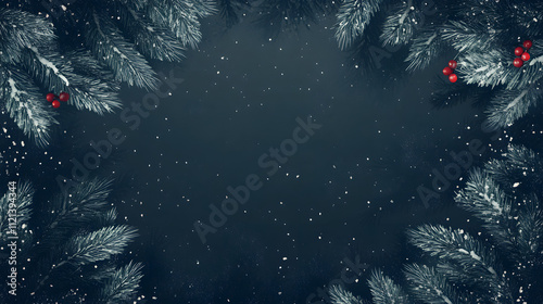 Merry Christmas background illustration for gretings and banners, xmas frame with pine trees and holiday decoration, copy space template photo