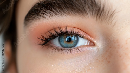 Close-up of a beautiful eye with striking blue iris and lashes.