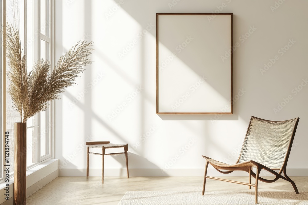 A Minimalist Living Room with a Large Framed Canvas, a Rattan Chair, and Dried Plants A Minimalist Living Room with a Large Framed Canvas, a Rattan Chair, and Dried Plants