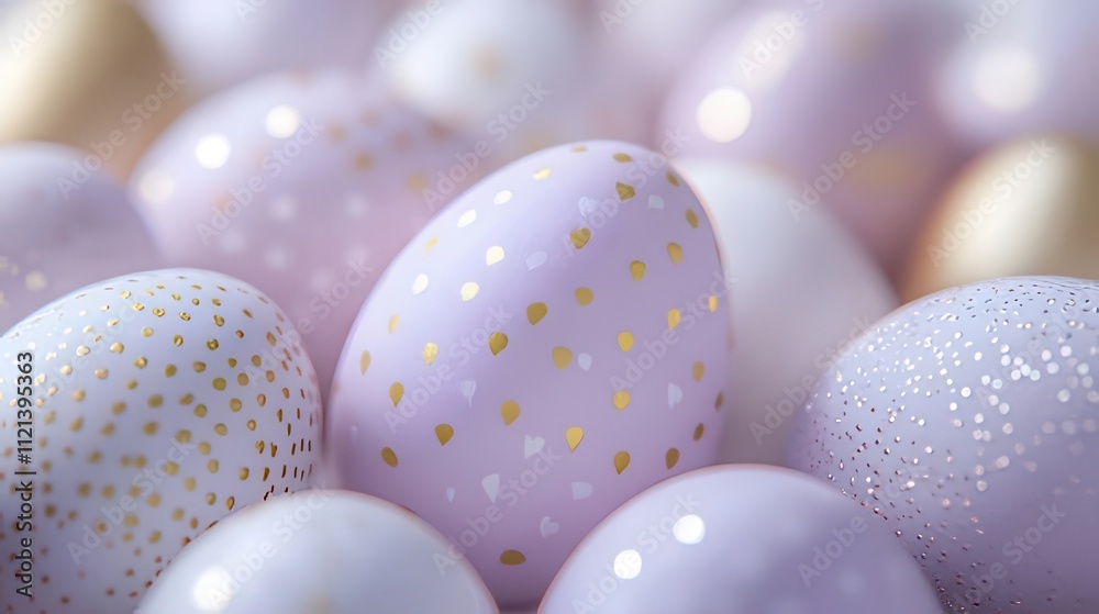 Close-up of pastel pink and gold decorated Easter eggs.