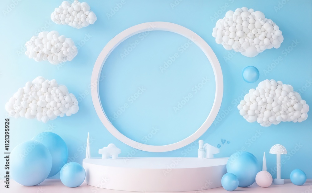 Pastel blue background with white clouds, round frame, and podium. Pastel blue background with white clouds, round frame, and podium.
