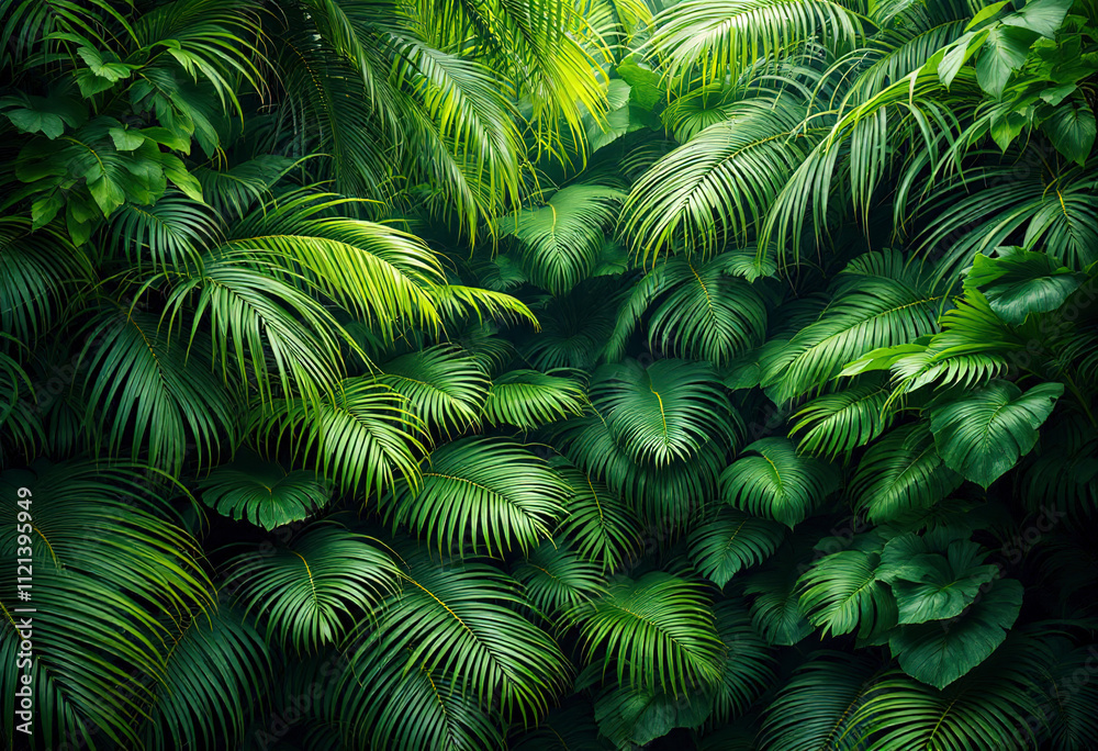 Fototapeta premium A dense, lush tropical jungle with large green leaves and fronds of various shapes and sizes filling the frame