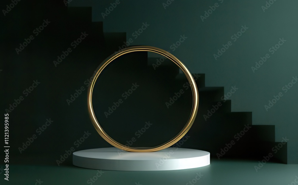 Gold ring on white pedestal against green stairs. Gold ring on white pedestal against green stairs.