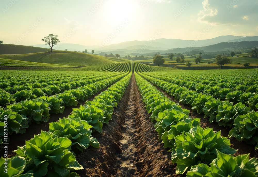 A large vegetable farm with rows of green leafy plants, surrounded by hills and trees in the background A large vegetable farm with rows of green leafy plants, surrounded by hills and trees in the background