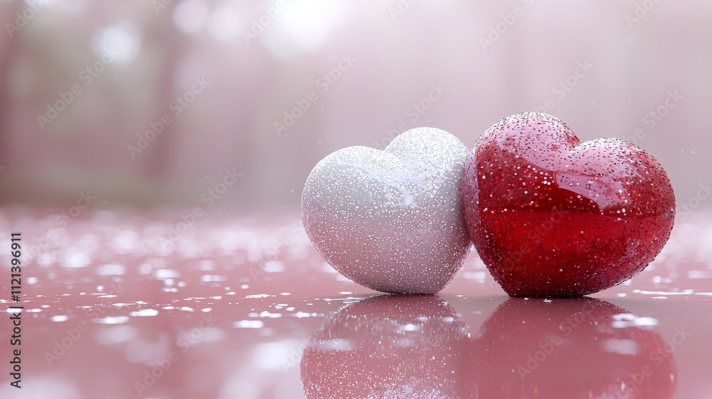 Valentine's Celebration with Romantic Red and Silver Hearts Festive Atmosphere Close-Up Viewpoint Emotional Concept