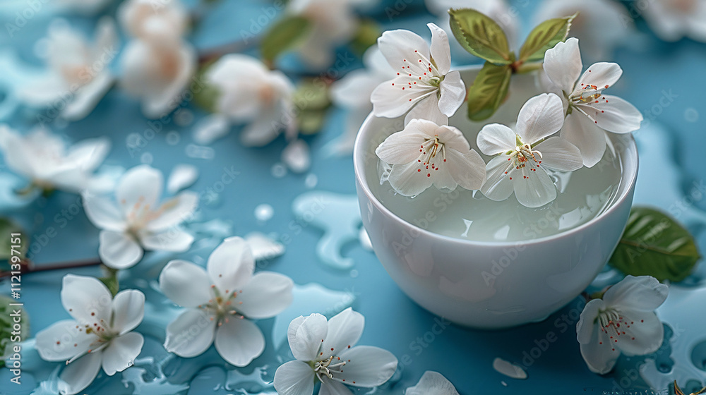 Delicate Cherry Blossom Cream in a White Bowl Surrounded by Petals Delicate Cherry Blossom Cream in a White Bowl Surrounded by Petals