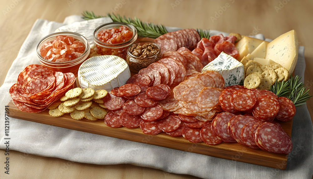 A wooden board laden with sliced salami, cheeses, crackers, and preserves. A wooden board laden with sliced salami, cheeses, crackers, and preserves.