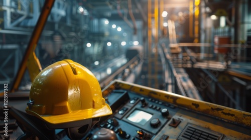 A vibrant industrial control room is brought to life by the warm glow of overhead lights, with a yellow hard hat resting on the complex control panel.