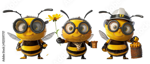 Three cute cartoon bees wearing glasses, one holding a flower and another carrying honey. photo