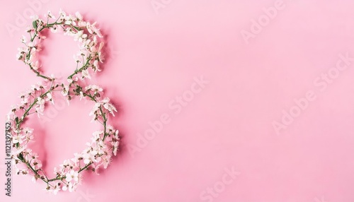 Elegant Floral 8 Shape for International Women's Day Celebration. Minimalistic Pink Spring Background for March 8th with White Baby's Breath Flowers and Ample Copy Space for Messages photo